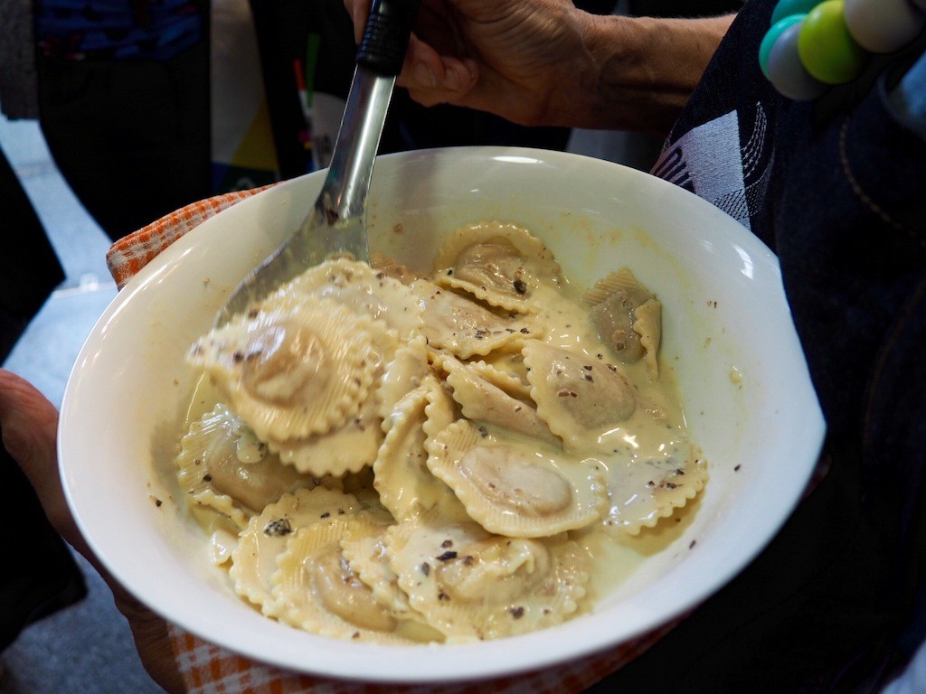 We sampled a sweet potato ravioli with mushroom sauce. Very, very good.