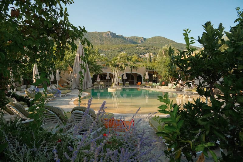 Relaxing hotel pool surrounded by greenery and mountain backdrop.