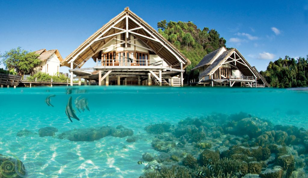 Overwater villa at Misool Eco Resort Raja Ampat. Image source.